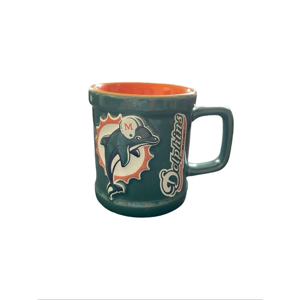 NFL 1999 Orange Green Miami Dolphins 3D Sculpted Logo Ceramic Coffee Mug